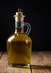 Elegant clear glass bottle filled with premium virgin olive oil, sealed with a natural cork stopper, resting on a rustic wooden surface ,natural, virgin, oil