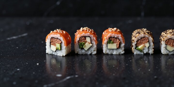 sushi rolls with salmon avocado and rice topped with sesame seeds on black stone background modern japanese cuisine concept for restaurant branding and menu design