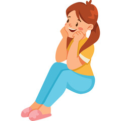 Young Girl with Brown Hair and Pigtails Sitting Down Smiling and Looking Upwards Wearing a Yellow T-Shirt and Blue Pants with Pink Slippers on a Transparent Background