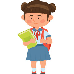 Young Girl With Brown Hair In A Blue Skirt And White Shirt Holding A Book And Carrying A Red Backpack On Her Shoulders Ready For School