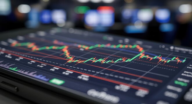 Financial market data displays dynamic price movements on a handheld electronic device screen