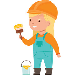 Young Girl Wearing Orange Hard Hat and Blue Overalls Holds Paintbrush Ready to Paint with Yellow Paint Bucket on Transparent Background