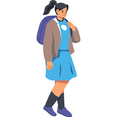 Young Girl with Backpack Standing Against White Background Wearing Blue Dress and Gray Cardigan