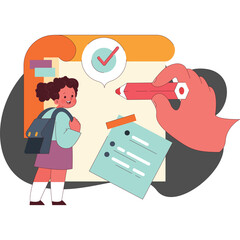Young Girl With Backpack Standing Next To A To Do List And Checkmark On A Scroll With A Giant Hand Holding A Pencil For School And Education Concept