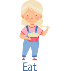 Young girl with blond hair wearing blue overalls and pink shirt eating cereal with a spoon on a transparent background with the word Eat below her feet.