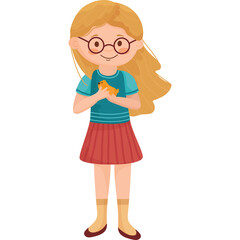 Young Girl With Blond Hair Wearing Glasses And Red Skirt Holding A Small Orange Duckling With A Teal Shirt And Yellow Boots Standing On A White Background