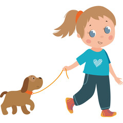 Young Girl With Blond Ponytail Wearing Blue T-shirt and Jeans Walking a Brown Dog on a Leash on a Transparent Background
