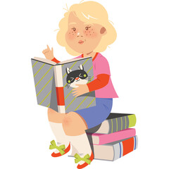 Young Girl With Blonde Hair And Freckles Sitting On Stack Of Books Reading A Storybook With Cat Illustration On Cover In Daylight