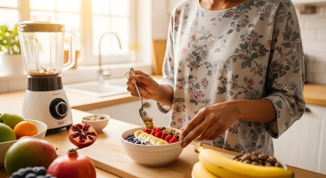 Woman preparing a healthy fruit and smoothie bowl in a bright kitchen, adding toppings to her nutritious breakfast.