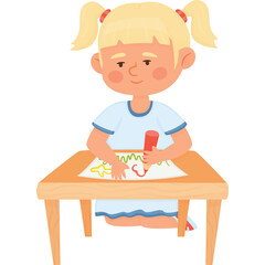 Young girl with blonde pigtails wearing a blue dress sits at a wooden desk drawing with a red crayon on white paper in a bright room