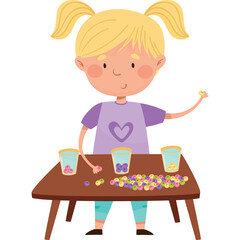 Young Girl with Blonde Pigtails Sorting Colorful Beads into Three Jars on a Wooden Table Wearing a Purple Shirt with Heart Detail and Blue Pants against a Transparent Background