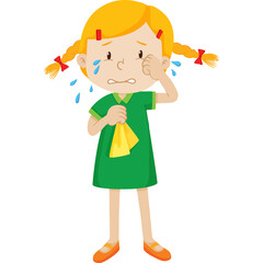 Young Girl With Blonde Pigtails Wearing A Green Dress And Orange Shoes Crying And Wiping Her Tears With A Yellow Tissue