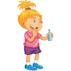 Young girl with blonde ponytail brushing her teeth with a blue toothbrush and toothpaste on a transparent background