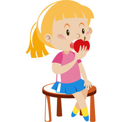 Young Girl With Blonde Ponytail Eating Red Apple While Sitting On A Small Stool Wearing A Pink Shirt And Blue Skirt With Yellow Socks And Blue Shoes And Transparent Background