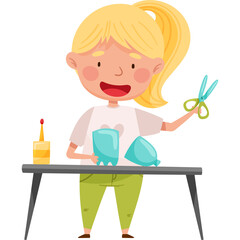 Young girl with blonde ponytail crafting with scissors and glue bottle on a table with blue plastic bottles on a white background