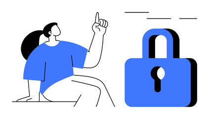 Seated individual gesturing upward toward a padlock, symbolizing online security, data protection, and access control. Ideal for technology, privacy, cybersecurity, safety, education awareness