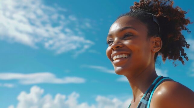 Happy woman enjoying a sunny day against a vibrant blue sky