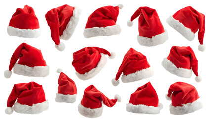 Fototapeta premium Set of Santa Claus red hats. Set of red Santa Claus hats isolated on white background