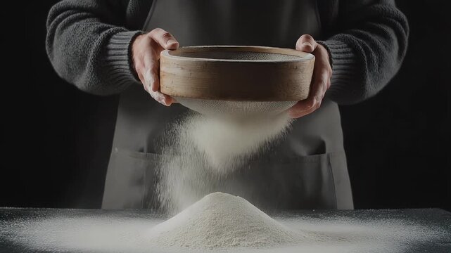 Skilled hands expertly sift fine white flour, creating a delicate cloud of powder for perfect baking results.
