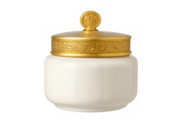 Porcelain cosmetic jar with ornate gold lid, vintage beauty cream container, luxury skincare product packaging