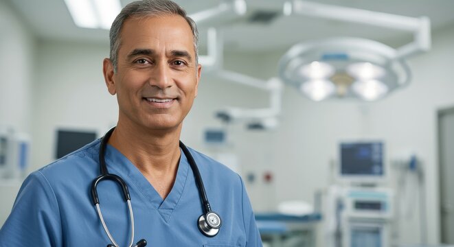 Experienced male surgeon wearing scrubs and stethoscope stands confidently in brightly lit operating room