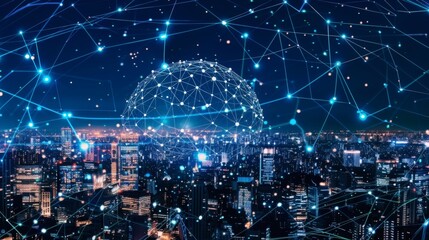 Global network connection: city lights at night with a glowing sphere representing worldwide connectivity