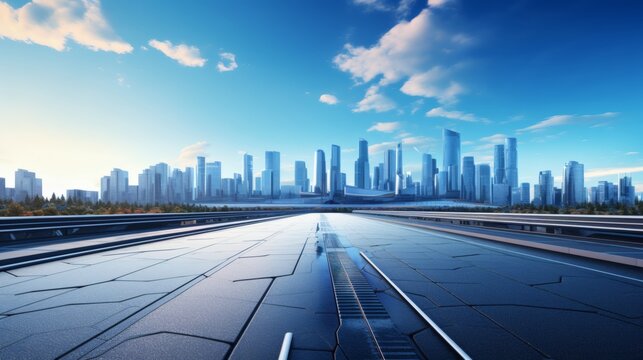 Futuristic city skyline viewed from a sleek highway