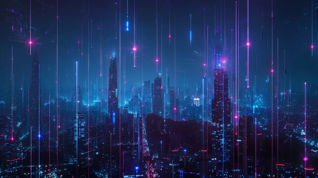 Cyberpunk cityscape at night with neon lights and data streams