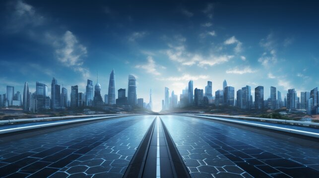 Futuristic highway leading to a modern city skyline under a bright blue sky - Powered by Adobe