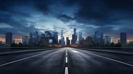 Obraz premium Empty highway leading towards a modern city skyline at dusk