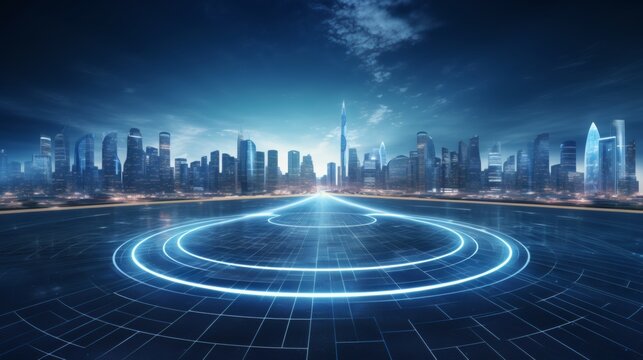 Futuristic city skyline at night with glowing digital road leading towards skyscrapers