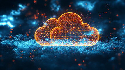 Cloud computing concept with devices emerging from mist, connected by digital streams, illustrating virtual networks, data flow, and modern technology integration.