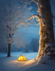 A winter scene with ice dripping down tree branches at night. 