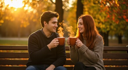 Young couple shares warm beverages while sitting closely on a park bench during autumn golden hour