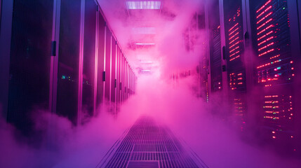 Cloud computing concept with devices emerging from mist, connected by digital streams, illustrating virtual networks, data flow, and modern technology integration.