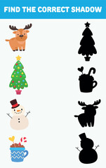Find the correct shadow. Christmas elements. Isolated background. Vector cartoon illustration.