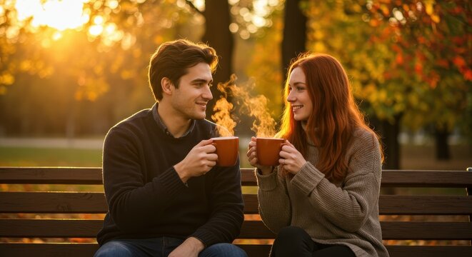 Young couple shares warm beverages while sitting closely on a park bench during autumn golden hour