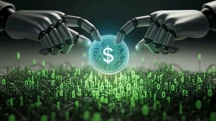 Robot hands manipulating glowing digital dollar coin over binary code landscape, creating a futuristic finance concept with technology and money - Powered by Adobe