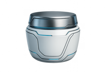 Futuristic cosmetic jar mockup displaying advanced skincare technology packaging with a sci-fi design on transparent background