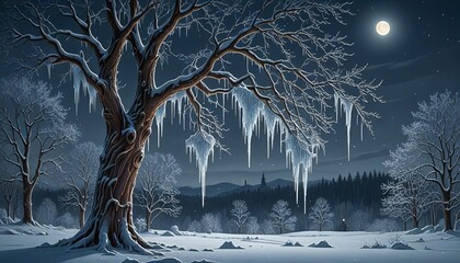 A winter scene with ice dripping down tree branches at night. 