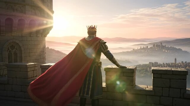 Majestic King Gazing Over Misty Valley From Castle Balcony at Sunrise.