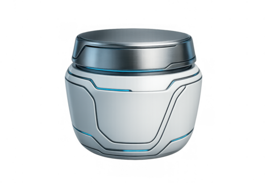 Futuristic cosmetic jar mockup displaying advanced skincare technology packaging with a sci-fi design on transparent background