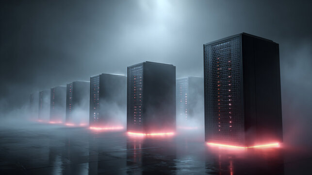 Cloud computing concept with devices emerging from mist, connected by digital streams, illustrating virtual networks, data flow, and modern technology integration. - Powered by Adobe