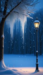 A winter scene with ice dripping down tree branches at night. 