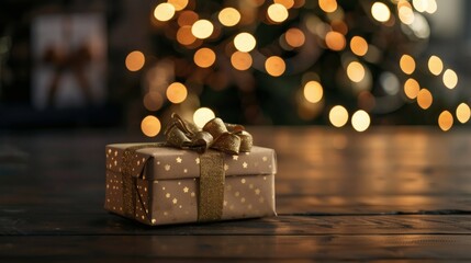 Gift box with gold ribbon sits on wooden table in front of blurred christmas lights
