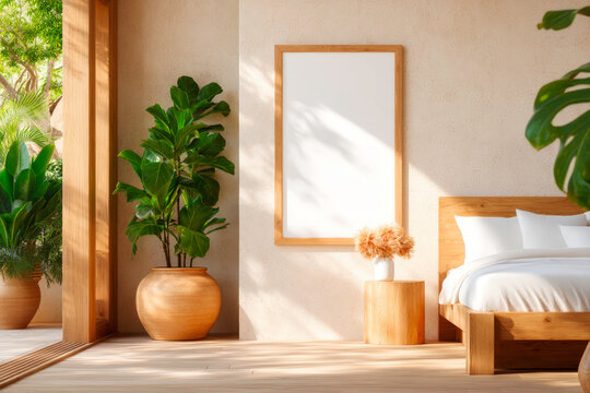 A professional interior shot of a rustic style bedroom with a focal wooden bed
