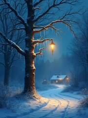 A winter scene with ice dripping down tree branches at night. 