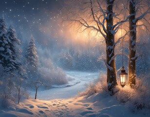 A winter scene with ice dripping down tree branches at night. 