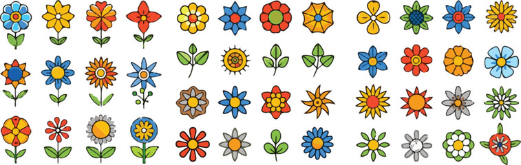 Diverse Collection of Colorful Flat Flower and Leaf Icons