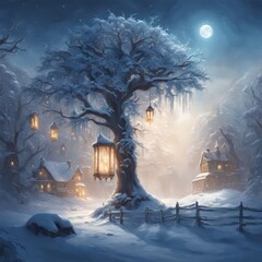 A winter scene with ice dripping down tree branches at night. 